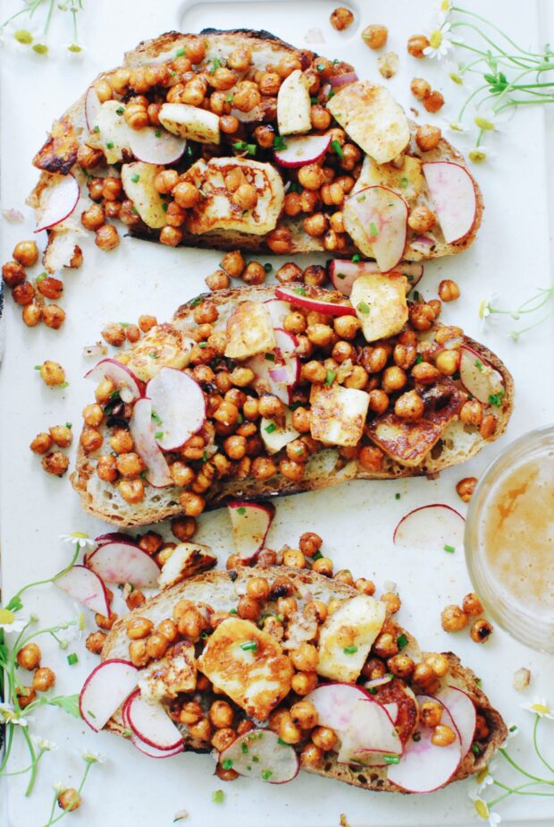 Roasted Chickpeas with Seared Halloumi and Radishes / Bev Cooks