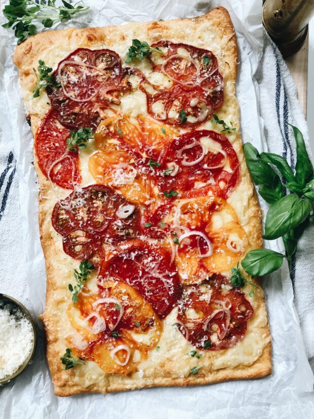 Heirloom Tomato and Gruyere Slab Pie / Bev Cooks