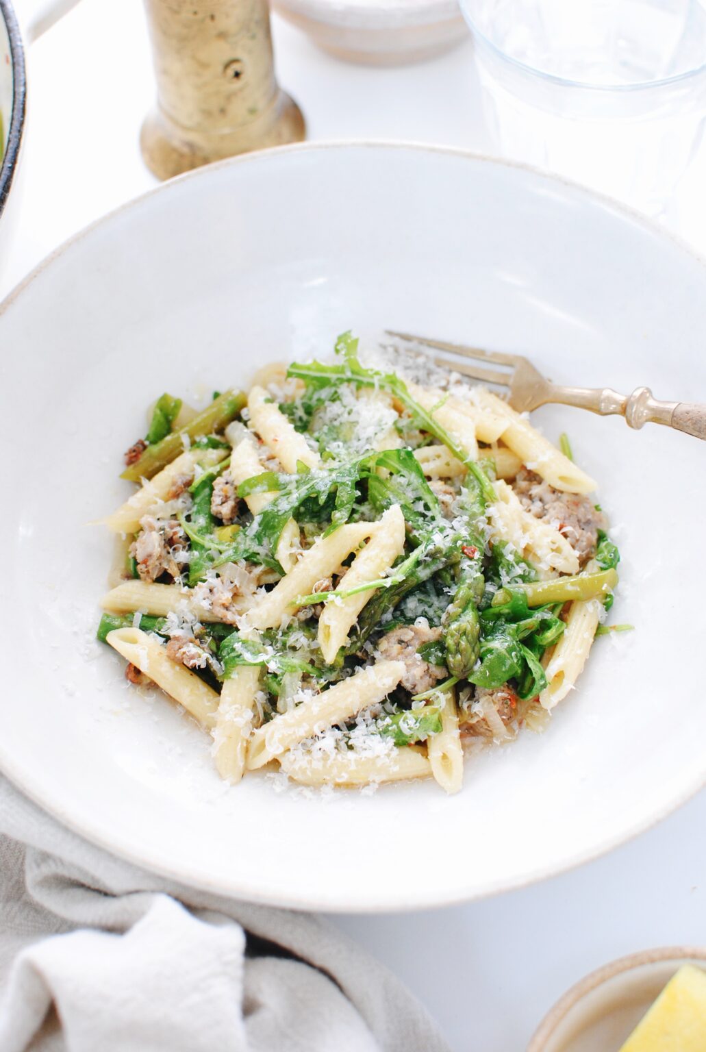 Penne with Arugula, Asparagus and Italian Sausage - Bev Cooks