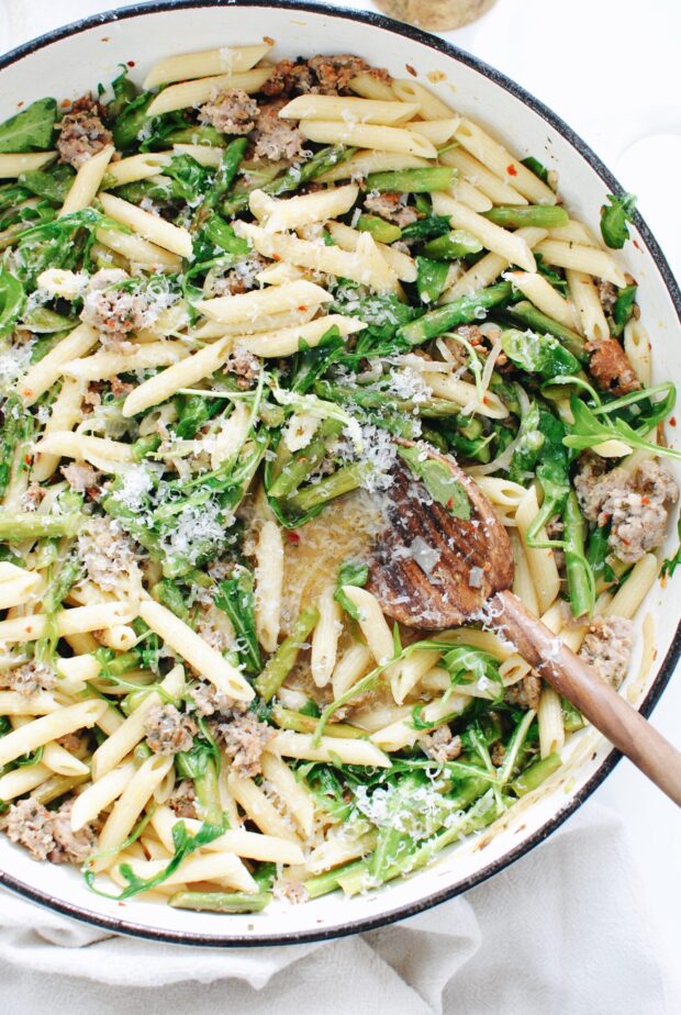 Penne with Arugula, Asparagus and Italian Sausage / Bev Cooks