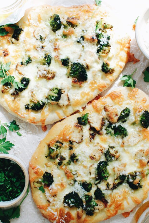 Chicken and Broccoli Pizzas / Bev Cooks