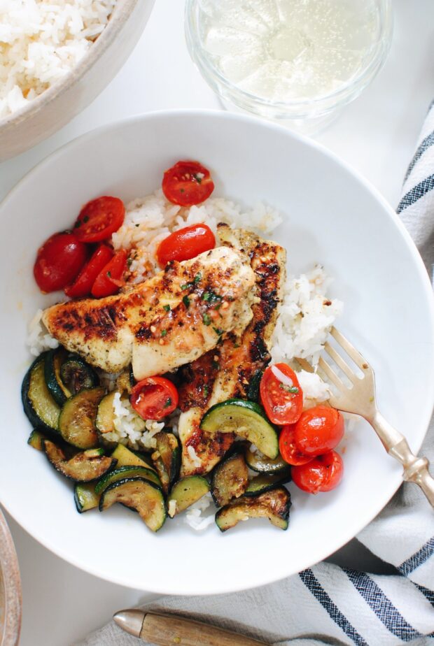 Italian Chicken with Shallot Rice and Zucchini / Bev Cooks