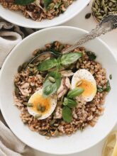 Farro Salad with Tinned Mackerel and Jammy Eggs / Bev Cooks