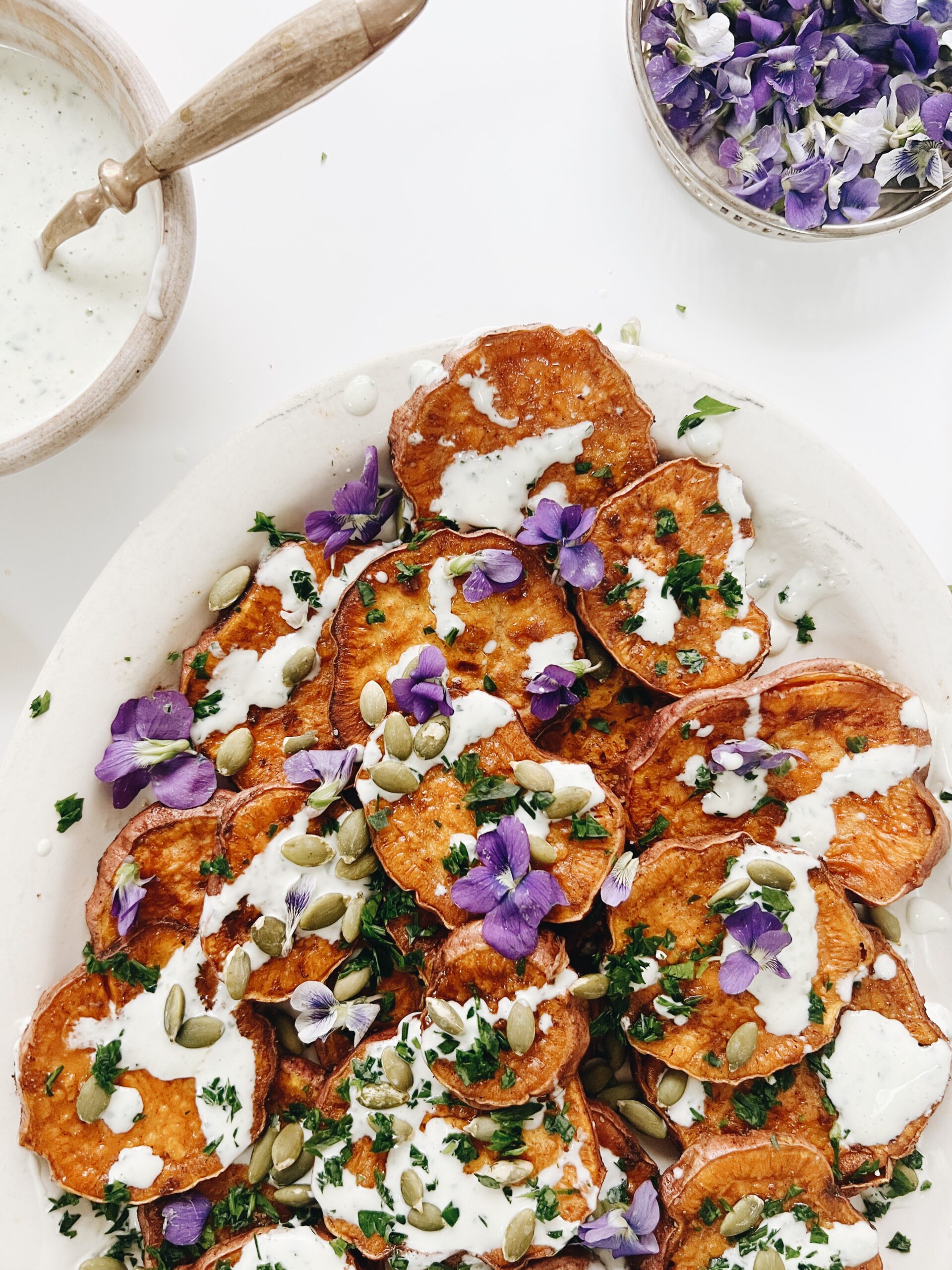 Roasted Sweet Potato Discs with Yogurt and Pepitas / Bev Cooks | Bev Cooks