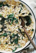 Bowtie Pasta with Italian Sausage and Spinach / Bev Cooks