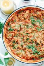 Skillet Orzo with Tomatoes, Chicken and Olives / Bev Cooks