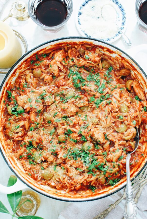 Skillet Orzo with Tomatoes, Chicken and Olives - Bev Cooks
