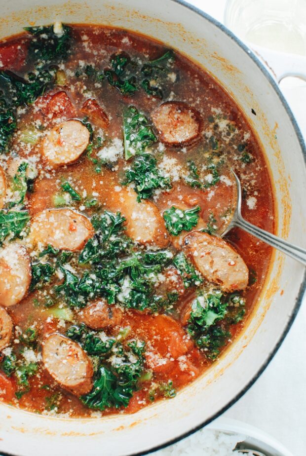 Chicken Sausage Soup with Fire-Roasted Tomatoes, Rice and Kale / Bev Cooks