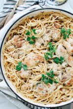 Garlic Chicken Spaghetti / Bev Cooks