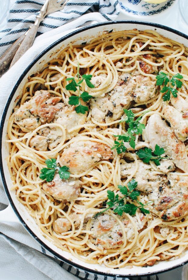 Garlic Chicken Spaghetti / Bev Cooks