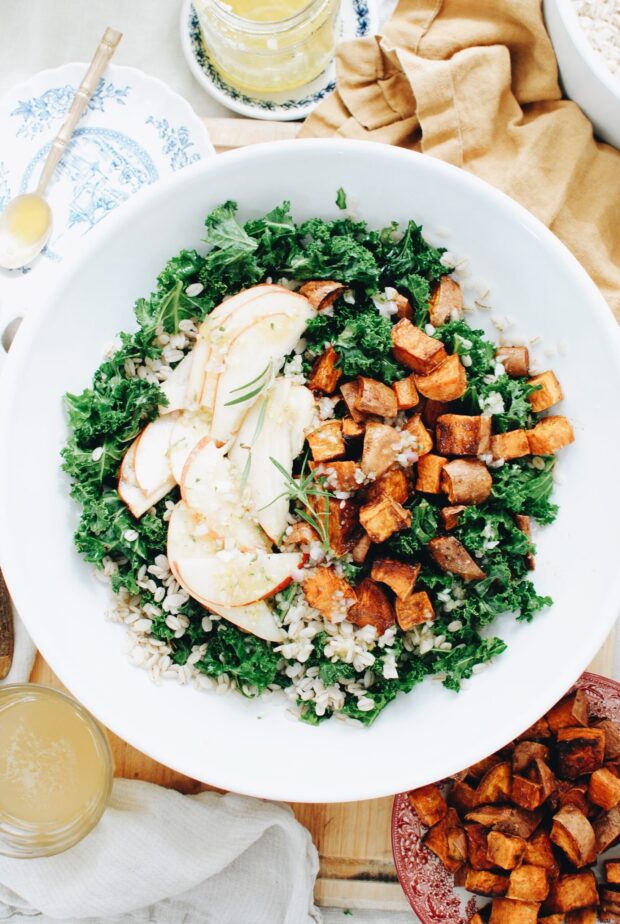 Barley Bowls with Roasted Sweet Potatoes, Kale and Pears / Bev Cooks