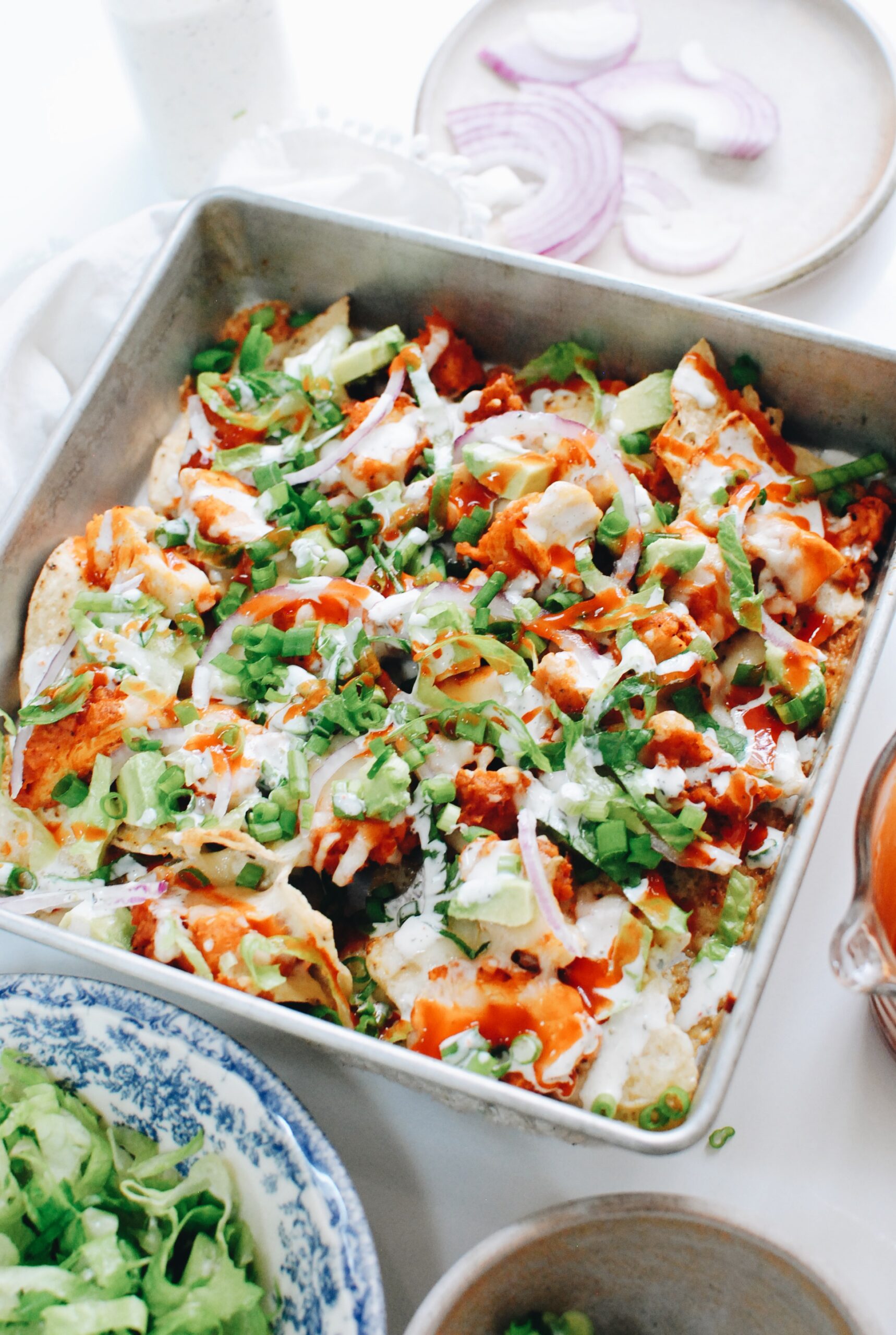 Healthier Buffalo Chicken Sheet Pan Nachos - Abra's Kitchen