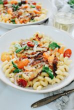 Crispy Chicken and Curly Pasta with Fresh Tomatoes / Bev Cooks