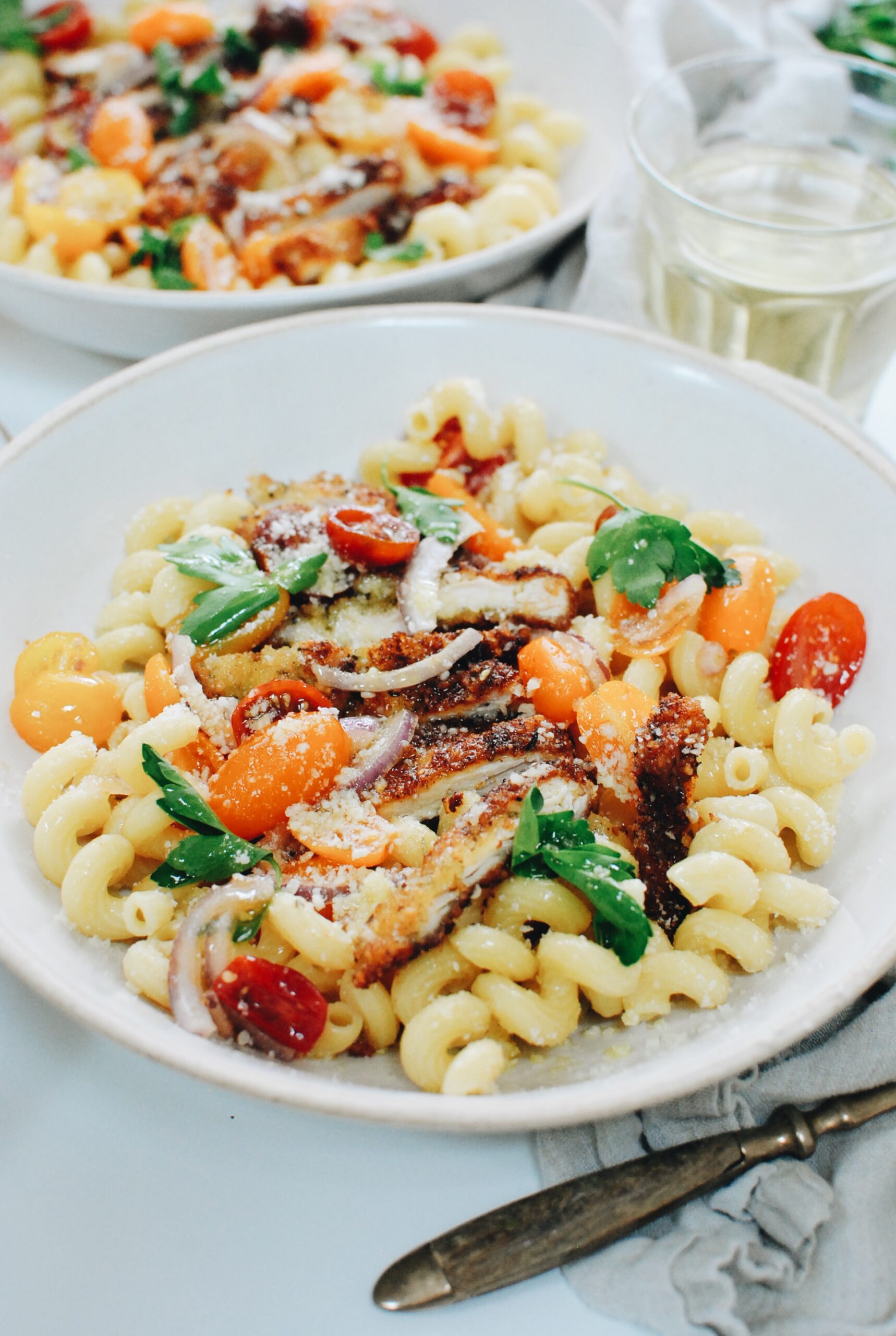 Crispy Chicken with Curly Pasta and Fresh Tomatoes - Bev Cooks