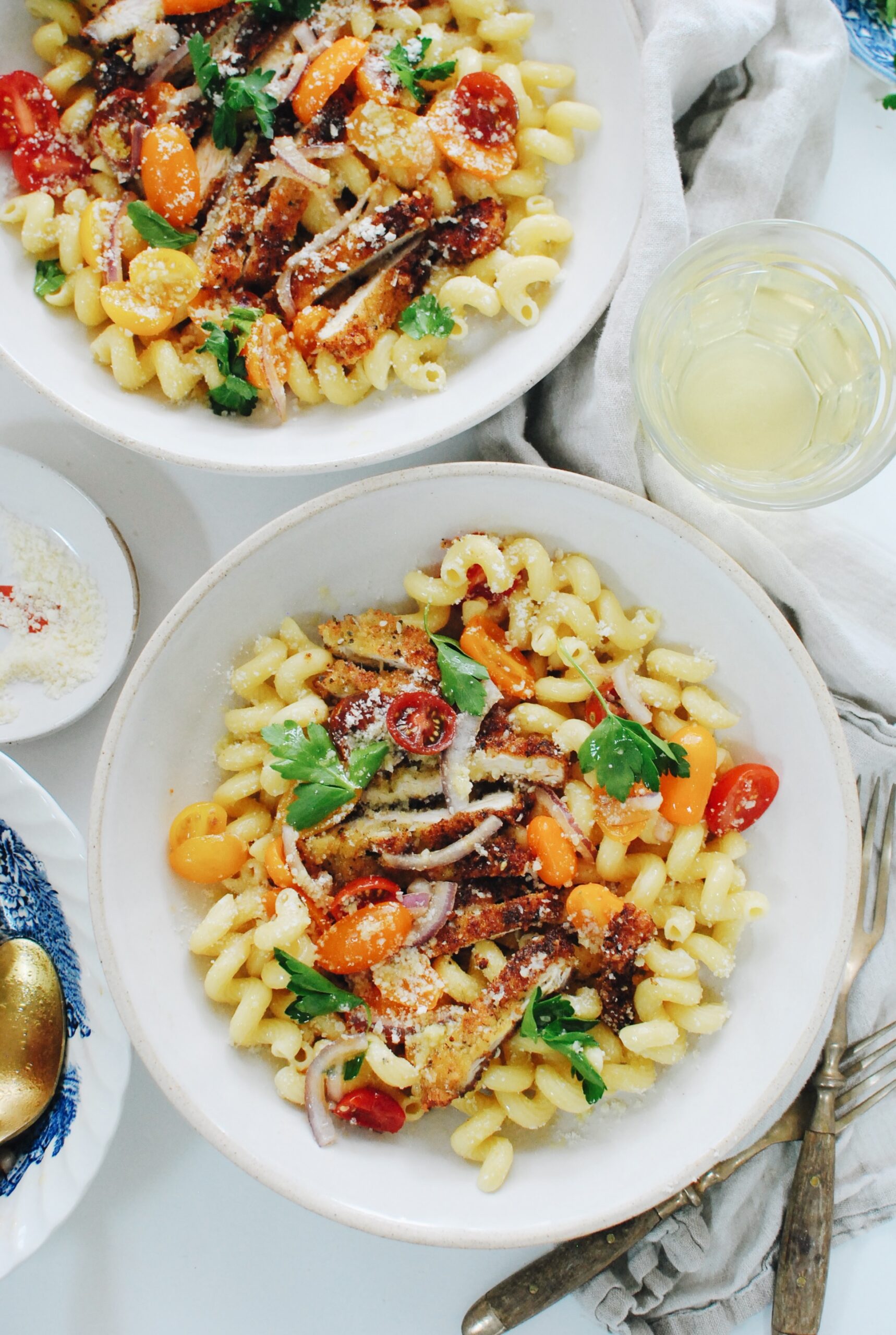 Crispy Chicken with Curly Pasta and Fresh Tomatoes - Bev Cooks