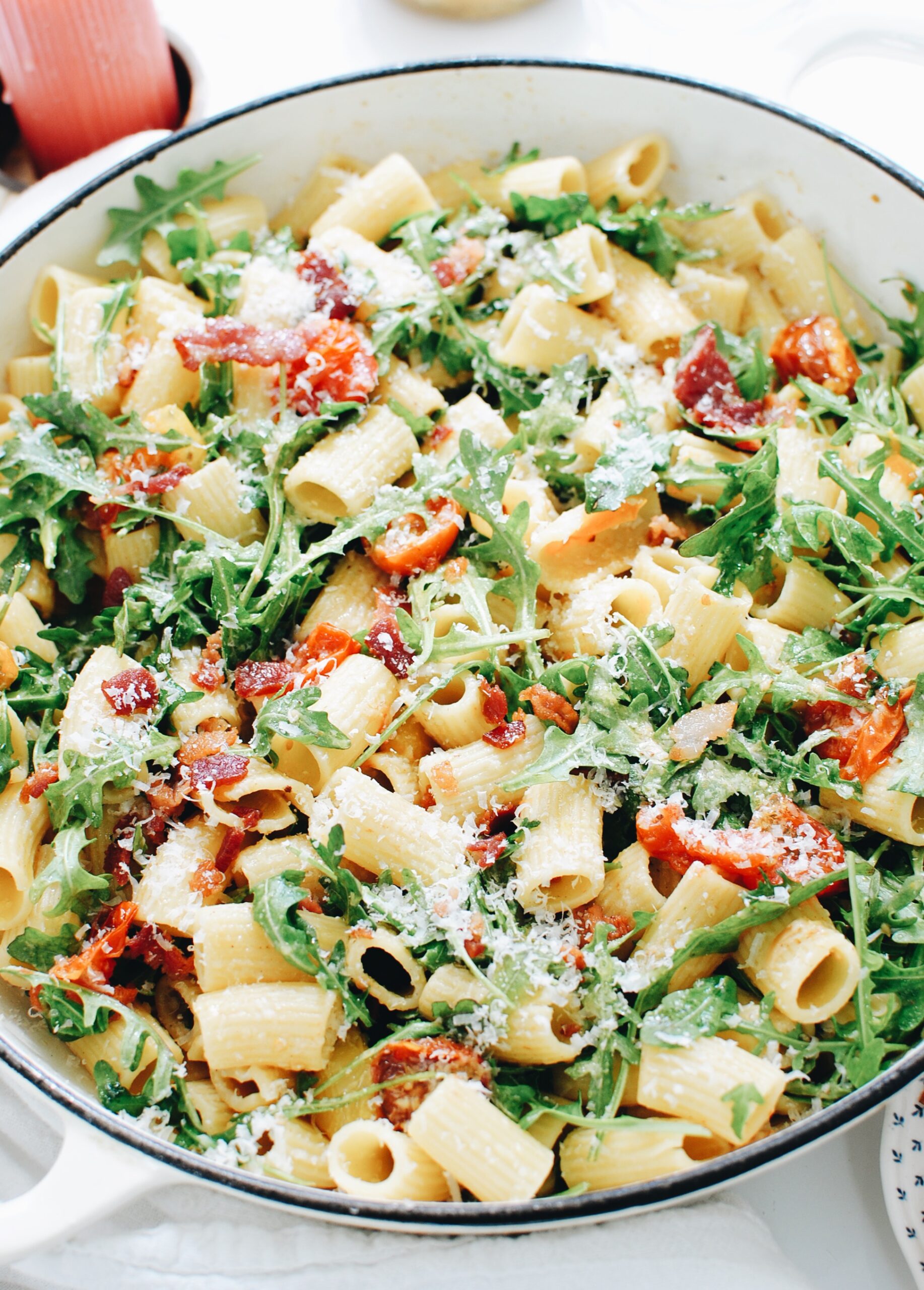 Rigatoni with Roasted Tomatoes, Arugula and Bacon - Bev Cooks