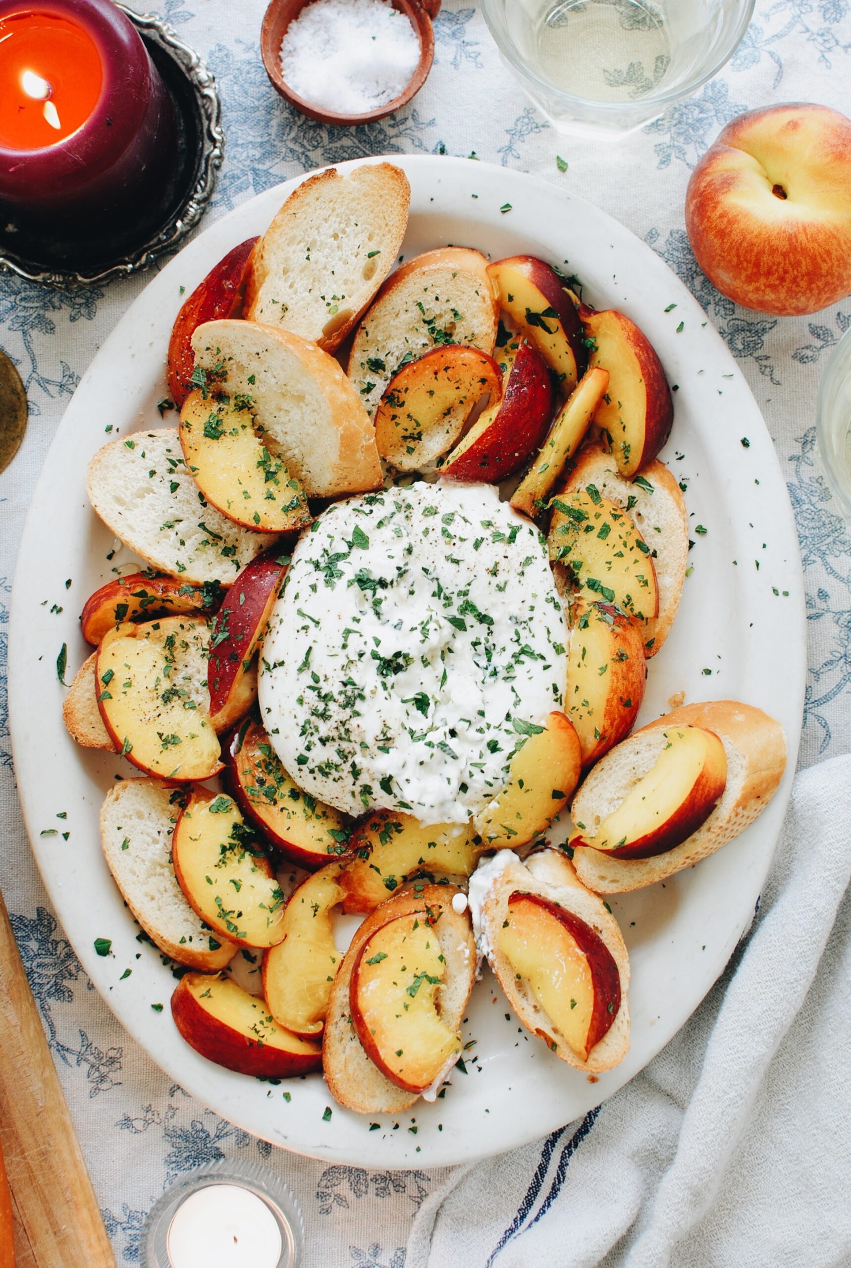 MEDITERRANEAN COOKING, Peaches, prosciutto, burrata, mint, pistachios with  honey/white balsamic vinegar drizzle