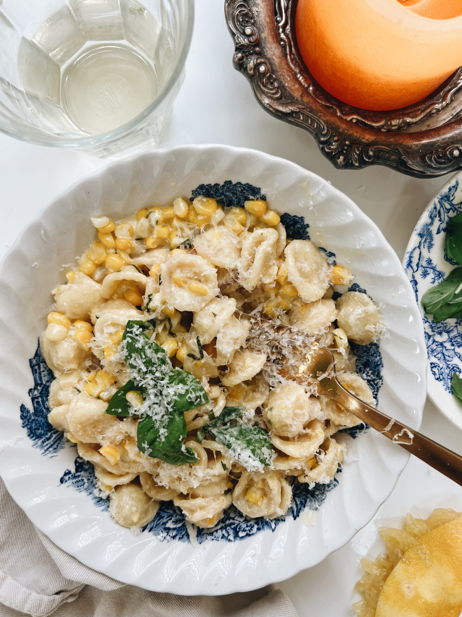 Creamy Orecchiette with Corn and Basil