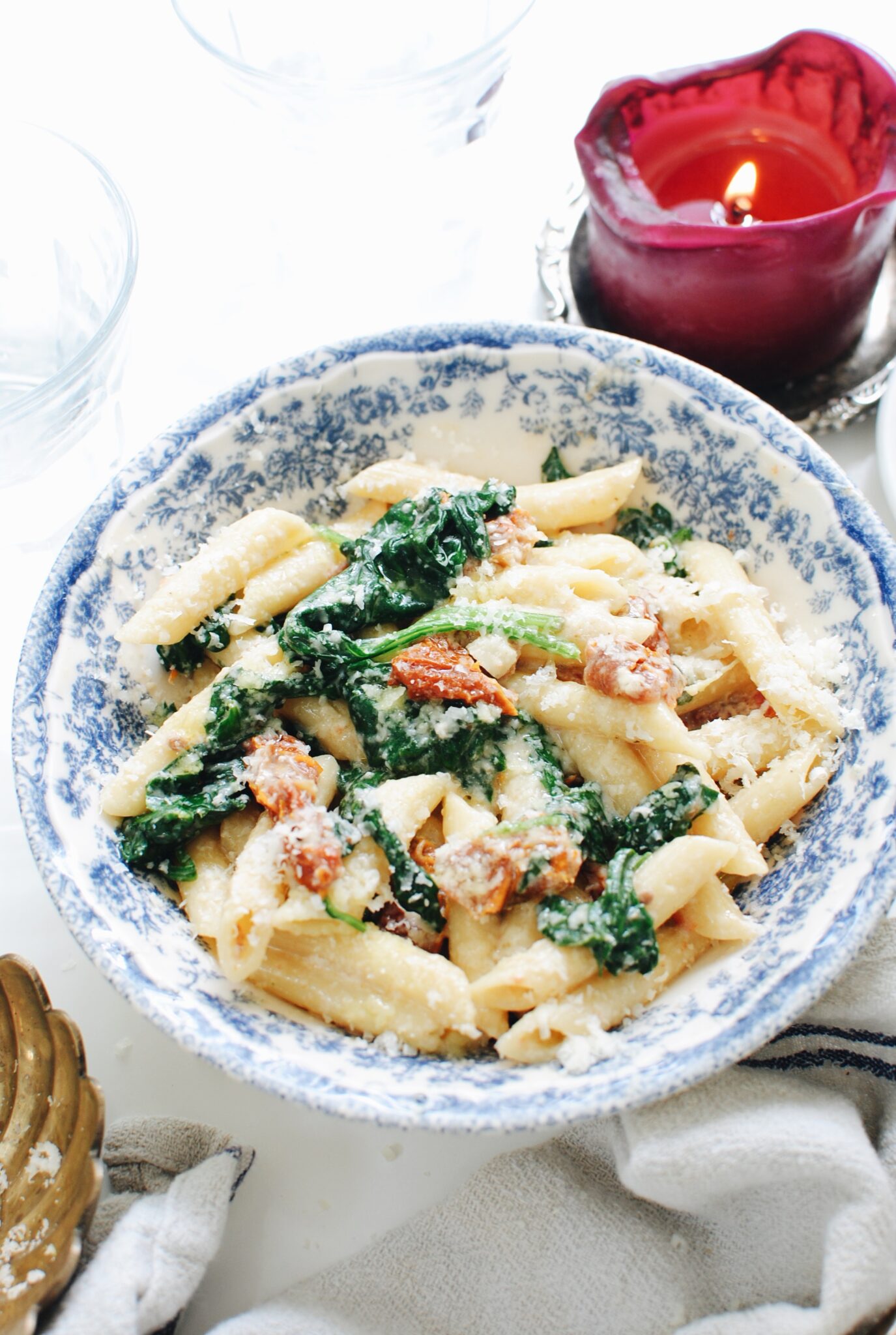 Creamy Penne Pasta with Spinach and Sundried Tomatoes - Bev Cooks