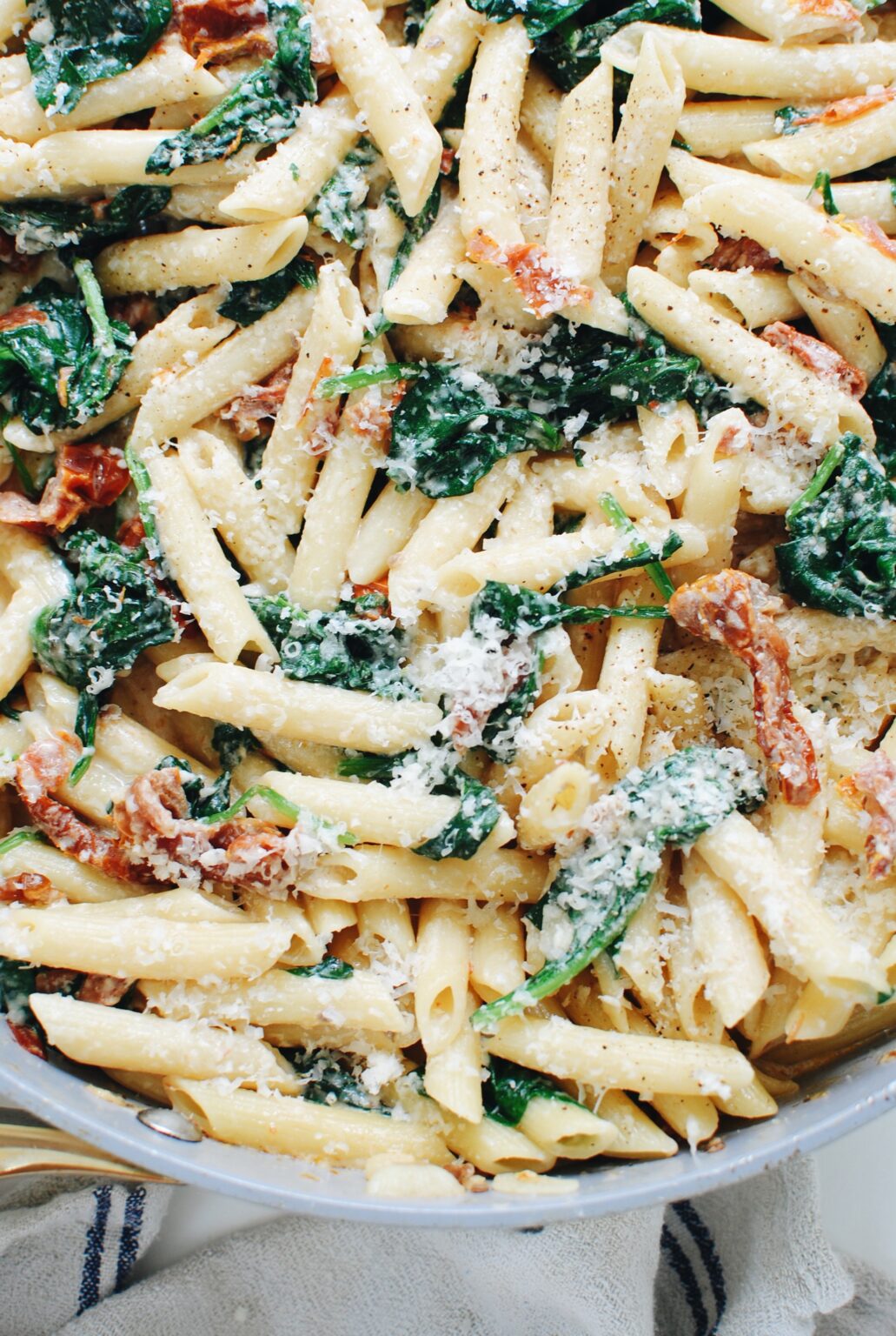 Creamy Penne Pasta with Spinach and Sundried Tomatoes - Bev Cooks