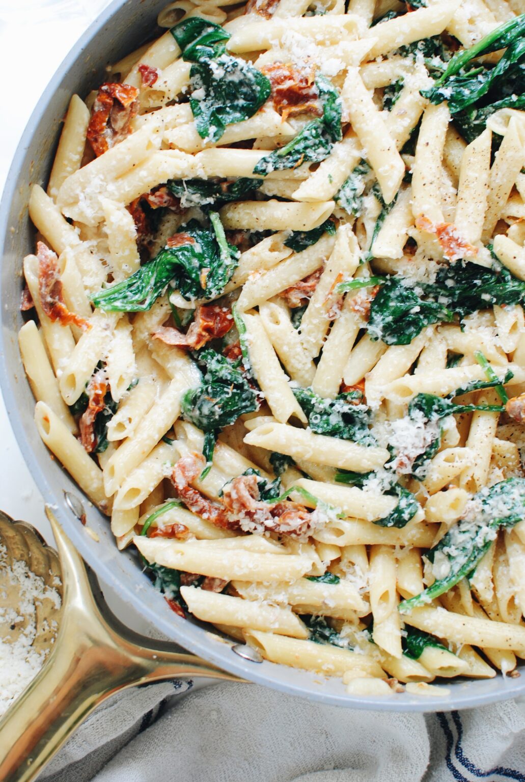 Creamy Penne Pasta with Spinach and Sundried Tomatoes - Bev Cooks