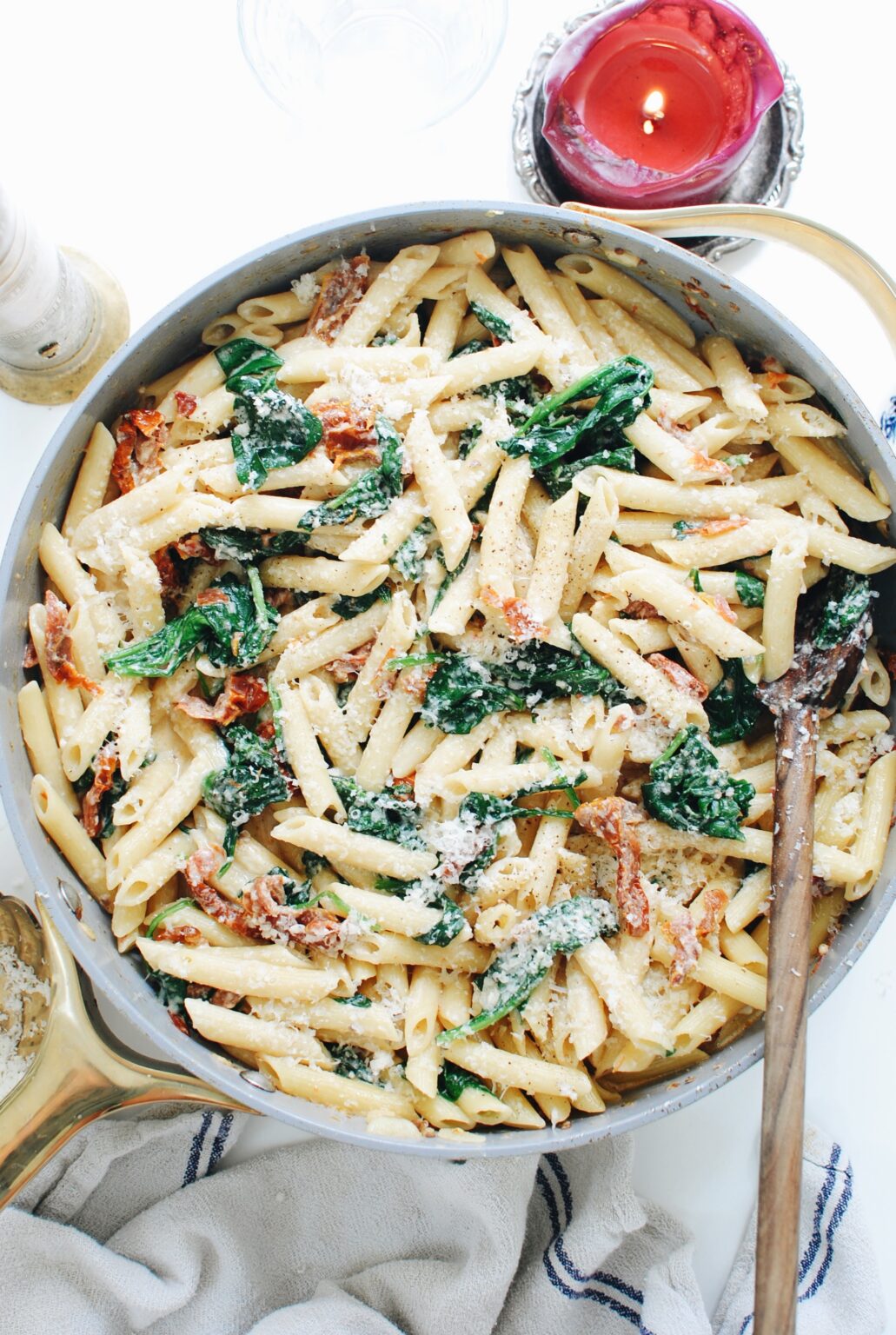 Creamy Penne Pasta with Spinach and Sundried Tomatoes - Bev Cooks