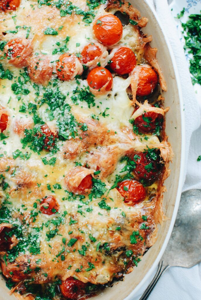 Cheesy Baked Chicken and Tomatoes - Bev Cooks