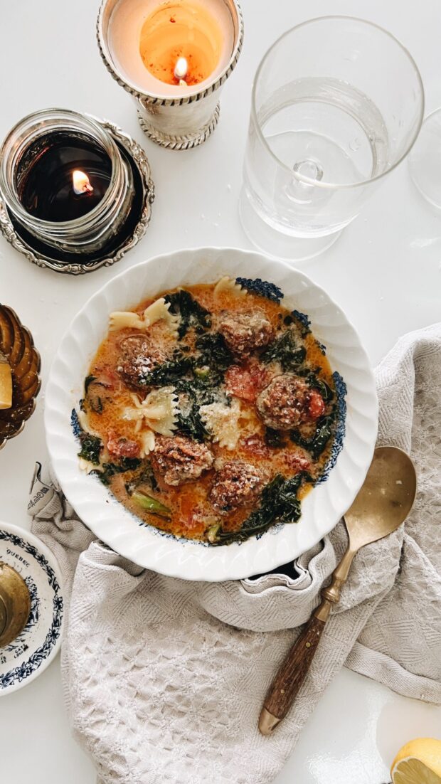 Creamy Sausage Soup with Kale and Farfalle / Bev Cooks