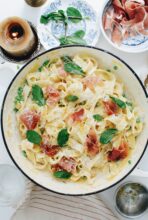 Creamy Pappardelle with Peas and Prosciutto / Bev Cooks
