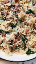 Farfalle with Pancetta, Pine Nuts and Arugula / Bev Cooks
