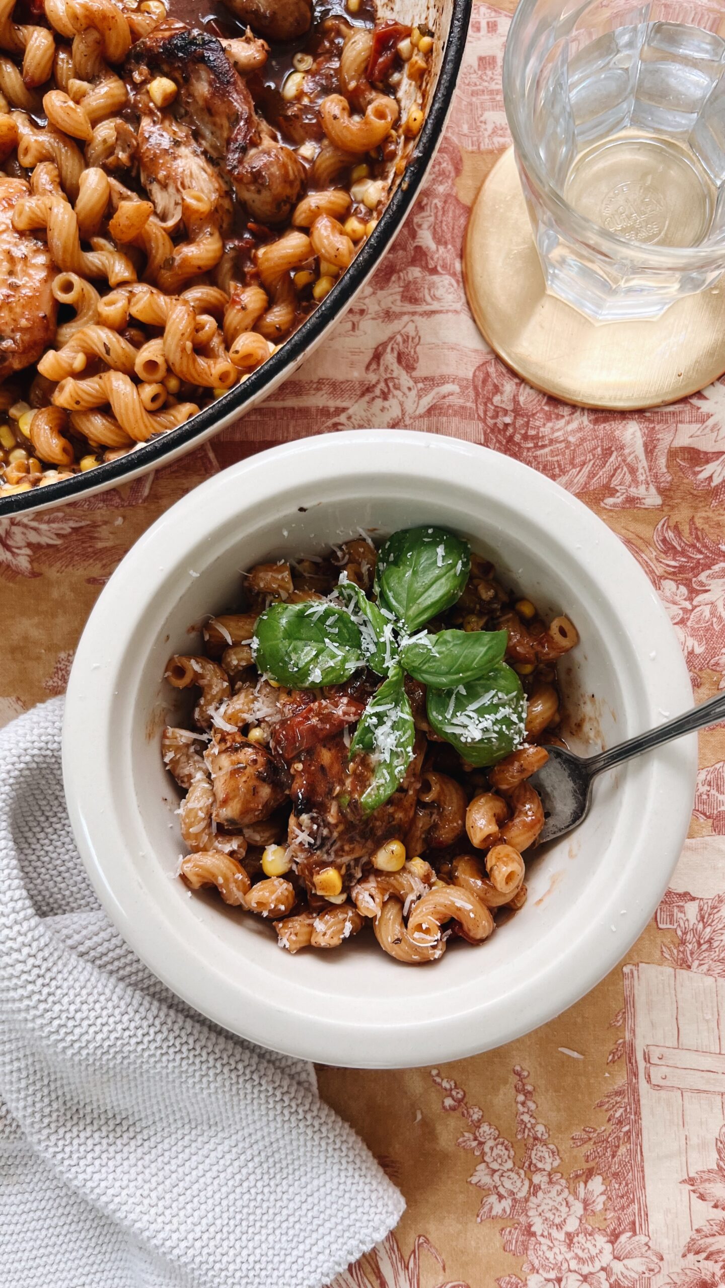 Chicken Pasta with Tomatoes and Corn / Bev Cooks