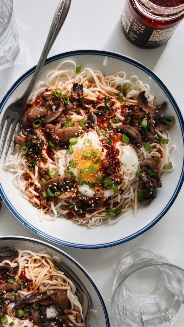 Udon Noodles with Mushrooms and Fried Eggs / Bev Cooks