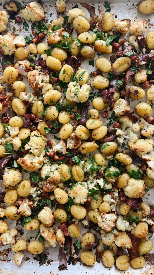 Gnocchi, Cauliflower and Prosciutto Sheet Pan Dinner / Bev Cooks