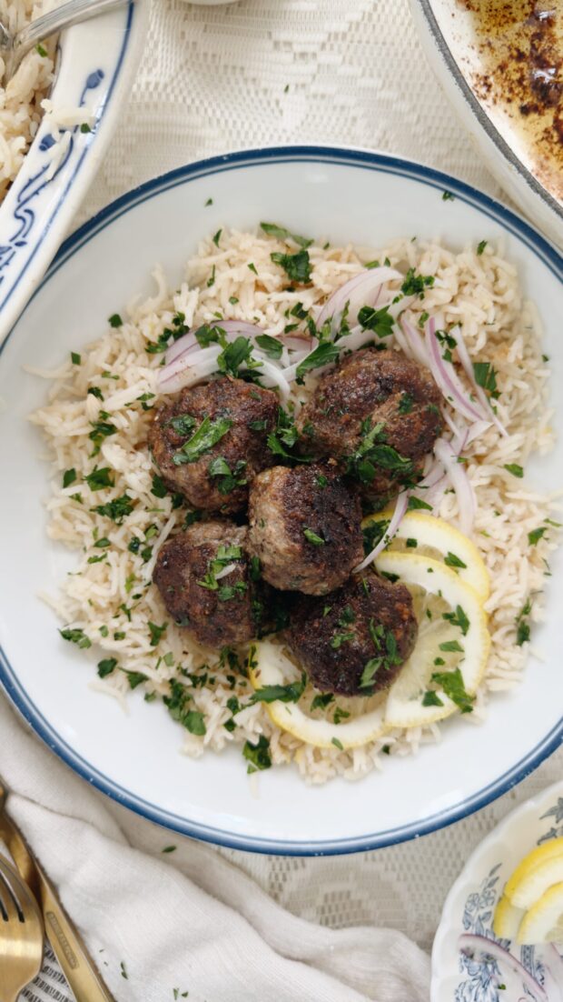 Beefy Meatballs with Lemon Rice / Bev Cooks