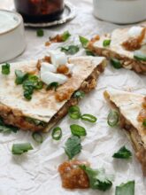 Chicken and Bean Quesadillas / Bev Cooks